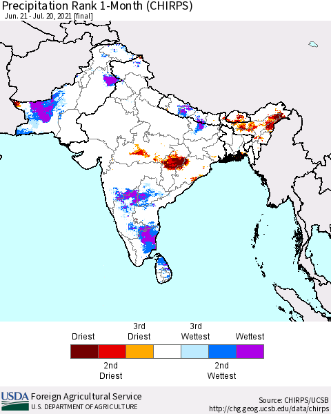 Southern Asia Precipitation Rank since 1981, 1-Month (CHIRPS) Thematic Map For 6/21/2021 - 7/20/2021
