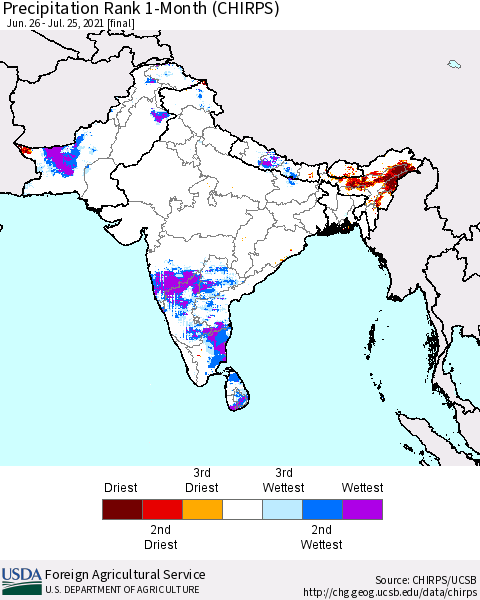 Southern Asia Precipitation Rank 1-Month (CHIRPS) Thematic Map For 6/26/2021 - 7/25/2021