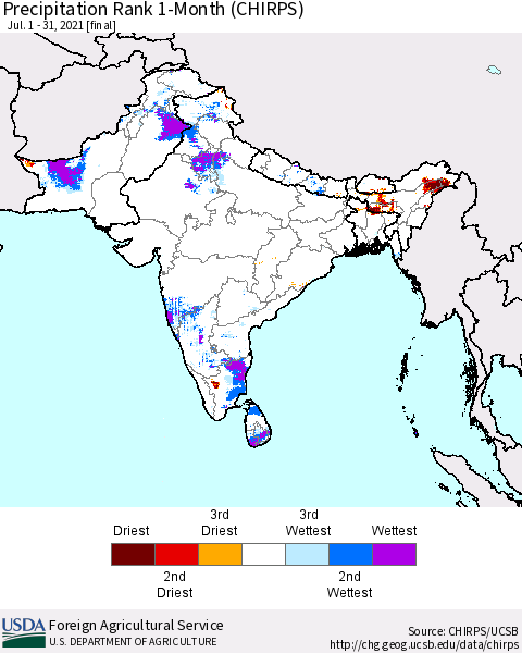 Southern Asia Precipitation Rank 1-Month (CHIRPS) Thematic Map For 7/1/2021 - 7/31/2021