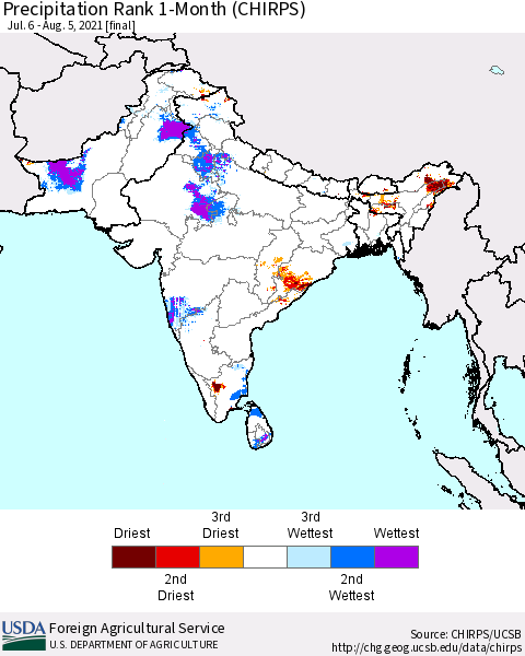 Southern Asia Precipitation Rank 1-Month (CHIRPS) Thematic Map For 7/6/2021 - 8/5/2021