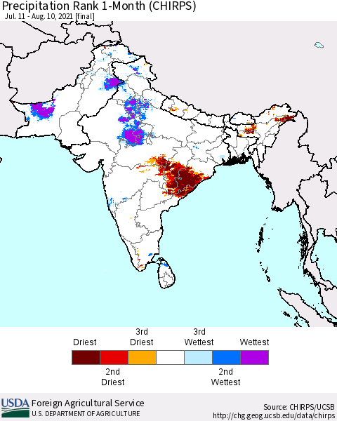Southern Asia Precipitation Rank since 1981, 1-Month (CHIRPS) Thematic Map For 7/11/2021 - 8/10/2021