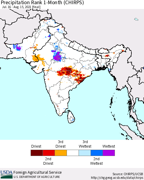 Southern Asia Precipitation Rank 1-Month (CHIRPS) Thematic Map For 7/16/2021 - 8/15/2021