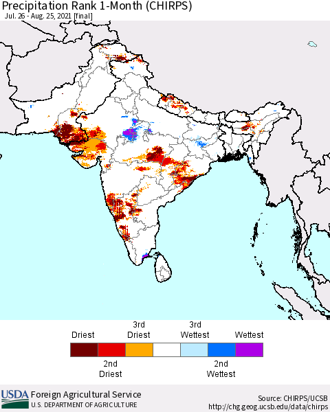 Southern Asia Precipitation Rank since 1981, 1-Month (CHIRPS) Thematic Map For 7/26/2021 - 8/25/2021