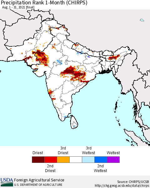Southern Asia Precipitation Rank 1-Month (CHIRPS) Thematic Map For 8/1/2021 - 8/31/2021