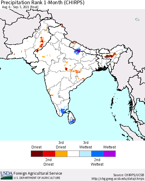 Southern Asia Precipitation Rank 1-Month (CHIRPS) Thematic Map For 8/6/2021 - 9/5/2021