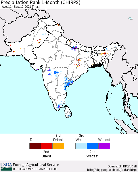 Southern Asia Precipitation Rank since 1981, 1-Month (CHIRPS) Thematic Map For 8/11/2021 - 9/10/2021