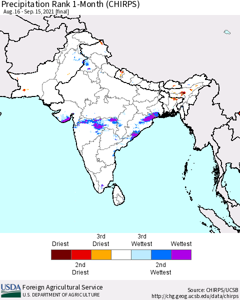 Southern Asia Precipitation Rank 1-Month (CHIRPS) Thematic Map For 8/16/2021 - 9/15/2021