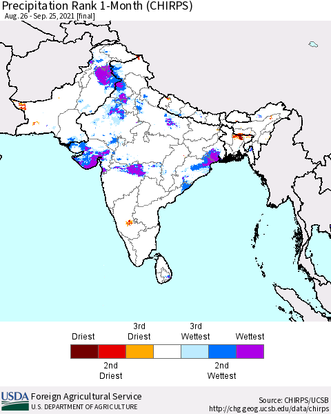 Southern Asia Precipitation Rank 1-Month (CHIRPS) Thematic Map For 8/26/2021 - 9/25/2021