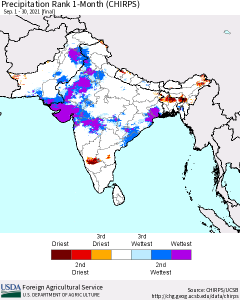 Southern Asia Precipitation Rank 1-Month (CHIRPS) Thematic Map For 9/1/2021 - 9/30/2021