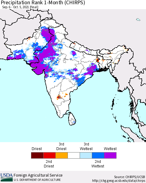 Southern Asia Precipitation Rank 1-Month (CHIRPS) Thematic Map For 9/6/2021 - 10/5/2021