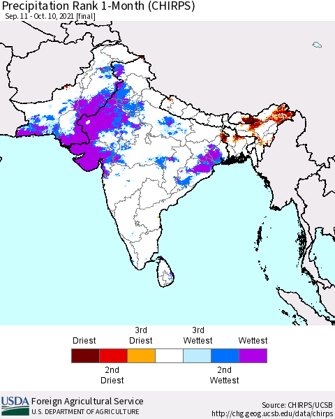 Southern Asia Precipitation Rank 1-Month (CHIRPS) Thematic Map For 9/11/2021 - 10/10/2021