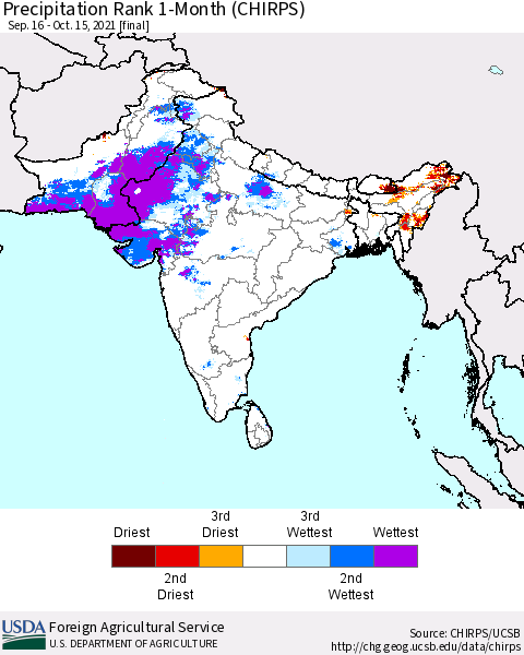 Southern Asia Precipitation Rank since 1981, 1-Month (CHIRPS) Thematic Map For 9/16/2021 - 10/15/2021