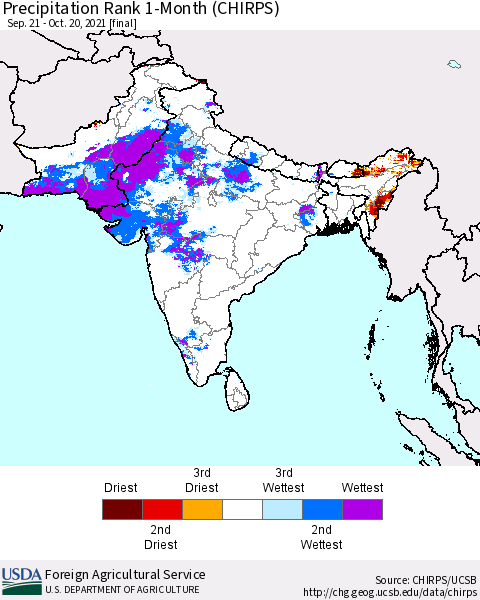 Southern Asia Precipitation Rank 1-Month (CHIRPS) Thematic Map For 9/21/2021 - 10/20/2021