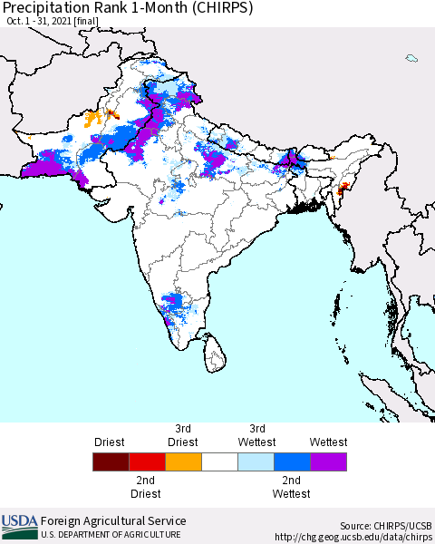 Southern Asia Precipitation Rank since 1981, 1-Month (CHIRPS) Thematic Map For 10/1/2021 - 10/31/2021