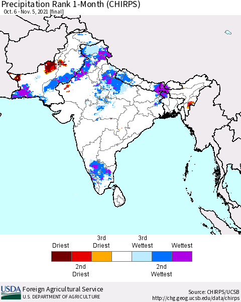 Southern Asia Precipitation Rank 1-Month (CHIRPS) Thematic Map For 10/6/2021 - 11/5/2021