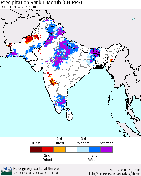 Southern Asia Precipitation Rank 1-Month (CHIRPS) Thematic Map For 10/11/2021 - 11/10/2021