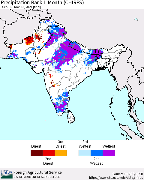 Southern Asia Precipitation Rank 1-Month (CHIRPS) Thematic Map For 10/16/2021 - 11/15/2021