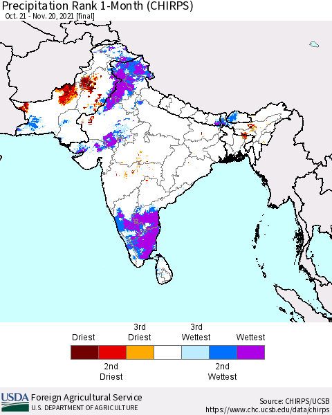 Southern Asia Precipitation Rank 1-Month (CHIRPS) Thematic Map For 10/21/2021 - 11/20/2021
