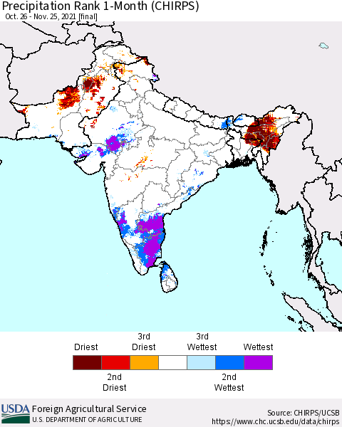 Southern Asia Precipitation Rank 1-Month (CHIRPS) Thematic Map For 10/26/2021 - 11/25/2021