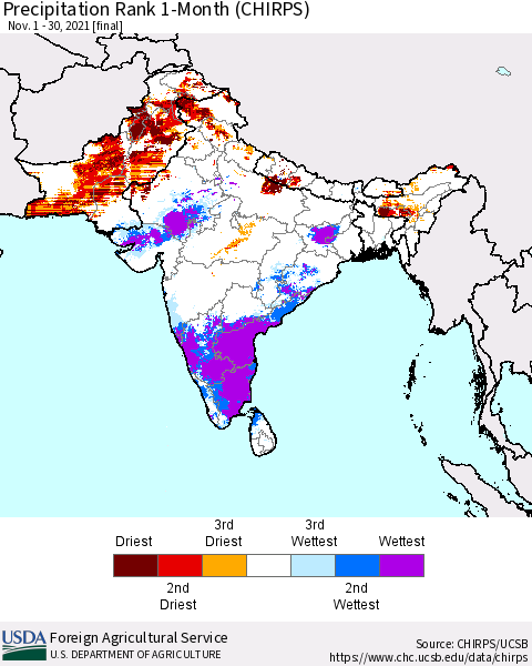Southern Asia Precipitation Rank 1-Month (CHIRPS) Thematic Map For 11/1/2021 - 11/30/2021