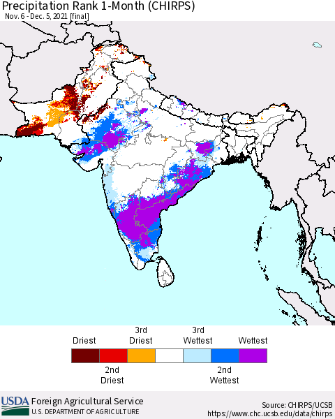 Southern Asia Precipitation Rank 1-Month (CHIRPS) Thematic Map For 11/6/2021 - 12/5/2021