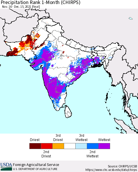Southern Asia Precipitation Rank 1-Month (CHIRPS) Thematic Map For 11/16/2021 - 12/15/2021