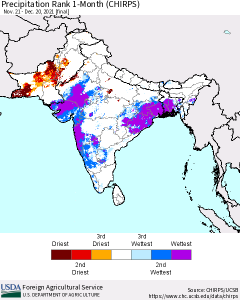 Southern Asia Precipitation Rank 1-Month (CHIRPS) Thematic Map For 11/21/2021 - 12/20/2021