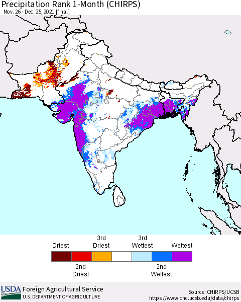 Southern Asia Precipitation Rank 1-Month (CHIRPS) Thematic Map For 11/26/2021 - 12/25/2021