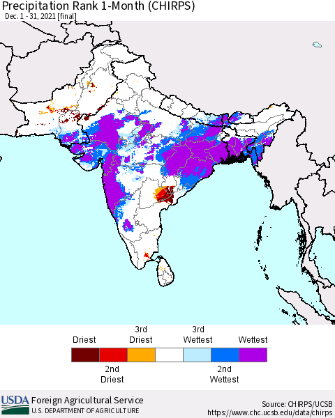 Southern Asia Precipitation Rank since 1981, 1-Month (CHIRPS) Thematic Map For 12/1/2021 - 12/31/2021