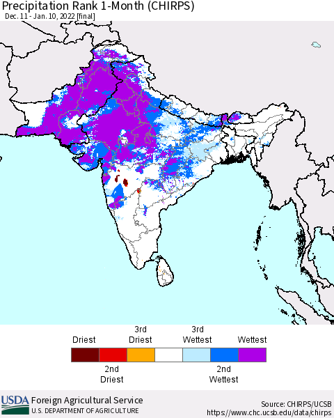 Southern Asia Precipitation Rank 1-Month (CHIRPS) Thematic Map For 12/11/2021 - 1/10/2022