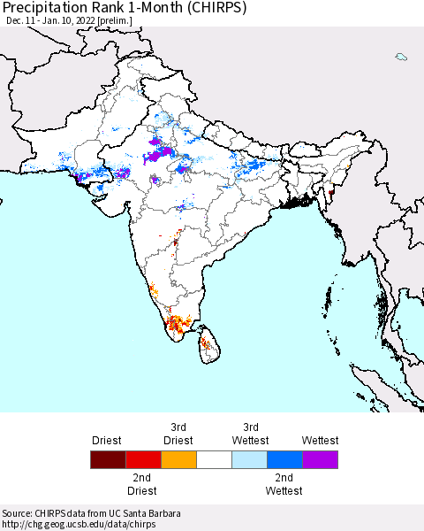 Southern Asia Precipitation Rank 1-Month (CHIRPS) Thematic Map For 12/11/2021 - 1/10/2022