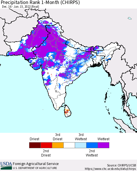 Southern Asia Precipitation Rank 1-Month (CHIRPS) Thematic Map For 12/16/2021 - 1/15/2022