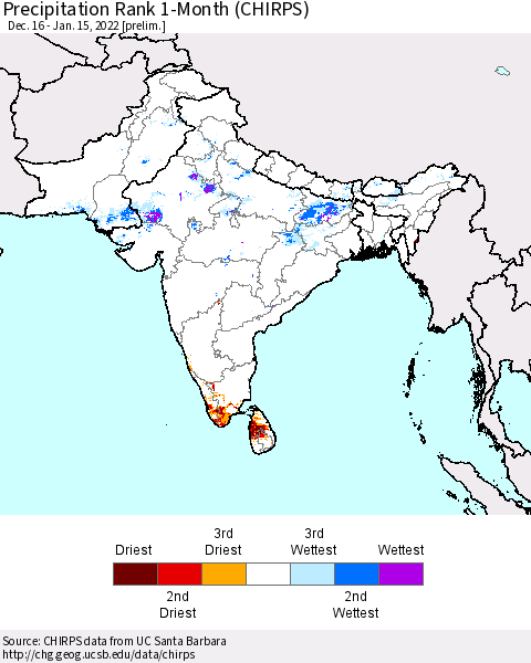 Southern Asia Precipitation Rank 1-Month (CHIRPS) Thematic Map For 12/16/2021 - 1/15/2022