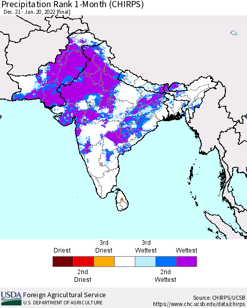 Southern Asia Precipitation Rank 1-Month (CHIRPS) Thematic Map For 12/21/2021 - 1/20/2022