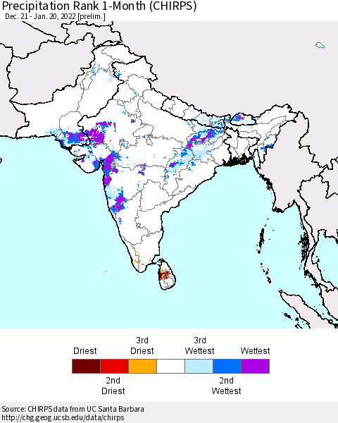 Southern Asia Precipitation Rank 1-Month (CHIRPS) Thematic Map For 12/21/2021 - 1/20/2022