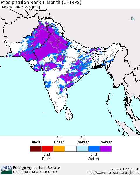 Southern Asia Precipitation Rank since 1981, 1-Month (CHIRPS) Thematic Map For 12/26/2021 - 1/25/2022