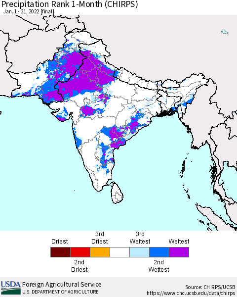 Southern Asia Precipitation Rank since 1981, 1-Month (CHIRPS) Thematic Map For 1/1/2022 - 1/31/2022