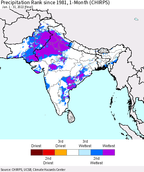 Southern Asia Precipitation Rank since 1981, 1-Month (CHIRPS) Thematic Map For 1/1/2022 - 1/31/2022