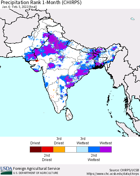 Southern Asia Precipitation Rank 1-Month (CHIRPS) Thematic Map For 1/6/2022 - 2/5/2022