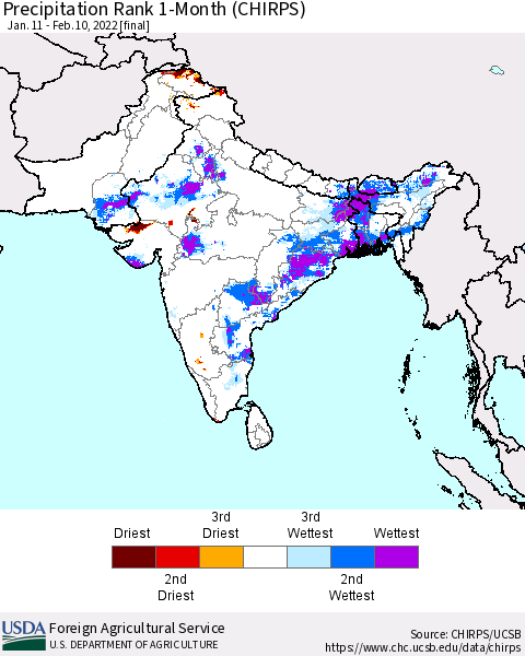 Southern Asia Precipitation Rank 1-Month (CHIRPS) Thematic Map For 1/11/2022 - 2/10/2022