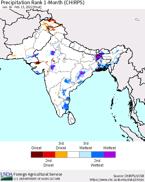 Southern Asia Precipitation Rank since 1981, 1-Month (CHIRPS) Thematic Map For 1/16/2022 - 2/15/2022