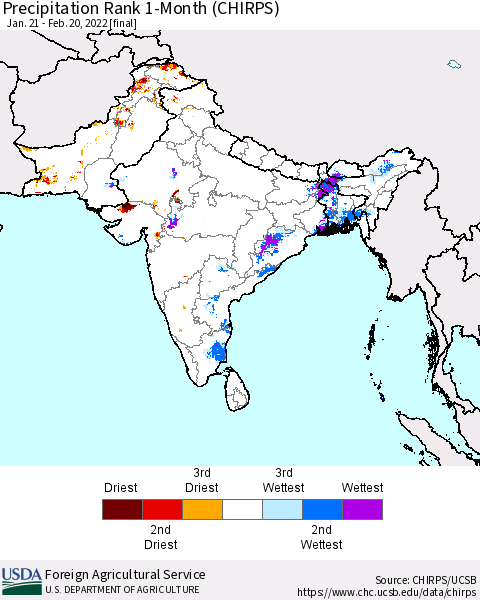 Southern Asia Precipitation Rank 1-Month (CHIRPS) Thematic Map For 1/21/2022 - 2/20/2022