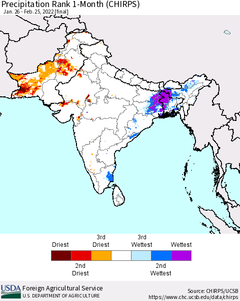 Southern Asia Precipitation Rank since 1981, 1-Month (CHIRPS) Thematic Map For 1/26/2022 - 2/25/2022