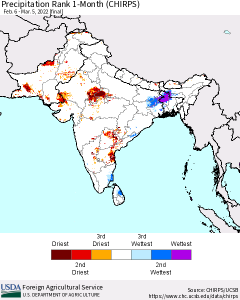 Southern Asia Precipitation Rank 1-Month (CHIRPS) Thematic Map For 2/6/2022 - 3/5/2022