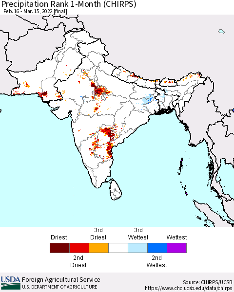 Southern Asia Precipitation Rank 1-Month (CHIRPS) Thematic Map For 2/16/2022 - 3/15/2022