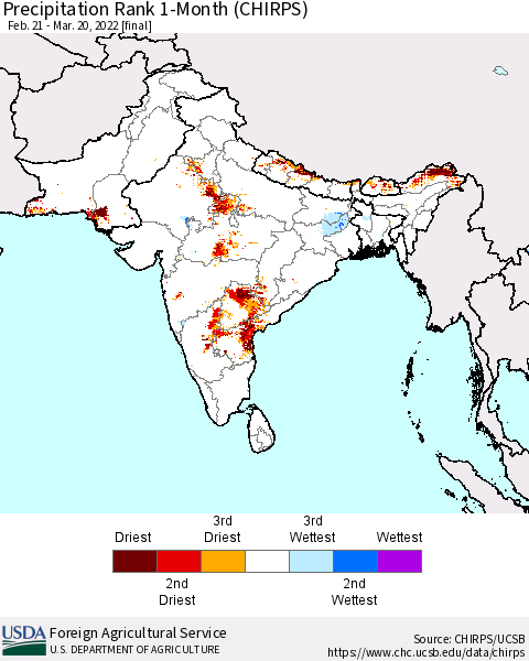 Southern Asia Precipitation Rank since 1981, 1-Month (CHIRPS) Thematic Map For 2/21/2022 - 3/20/2022