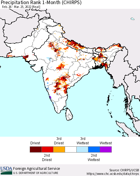 Southern Asia Precipitation Rank 1-Month (CHIRPS) Thematic Map For 2/26/2022 - 3/25/2022