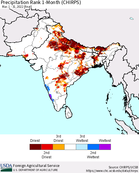 Southern Asia Precipitation Rank since 1981, 1-Month (CHIRPS) Thematic Map For 3/1/2022 - 3/31/2022