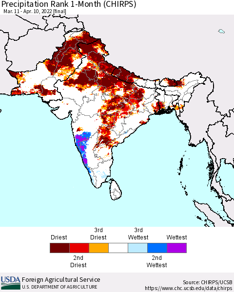 Southern Asia Precipitation Rank 1-Month (CHIRPS) Thematic Map For 3/11/2022 - 4/10/2022