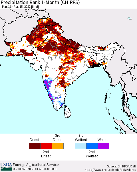 Southern Asia Precipitation Rank 1-Month (CHIRPS) Thematic Map For 3/16/2022 - 4/15/2022